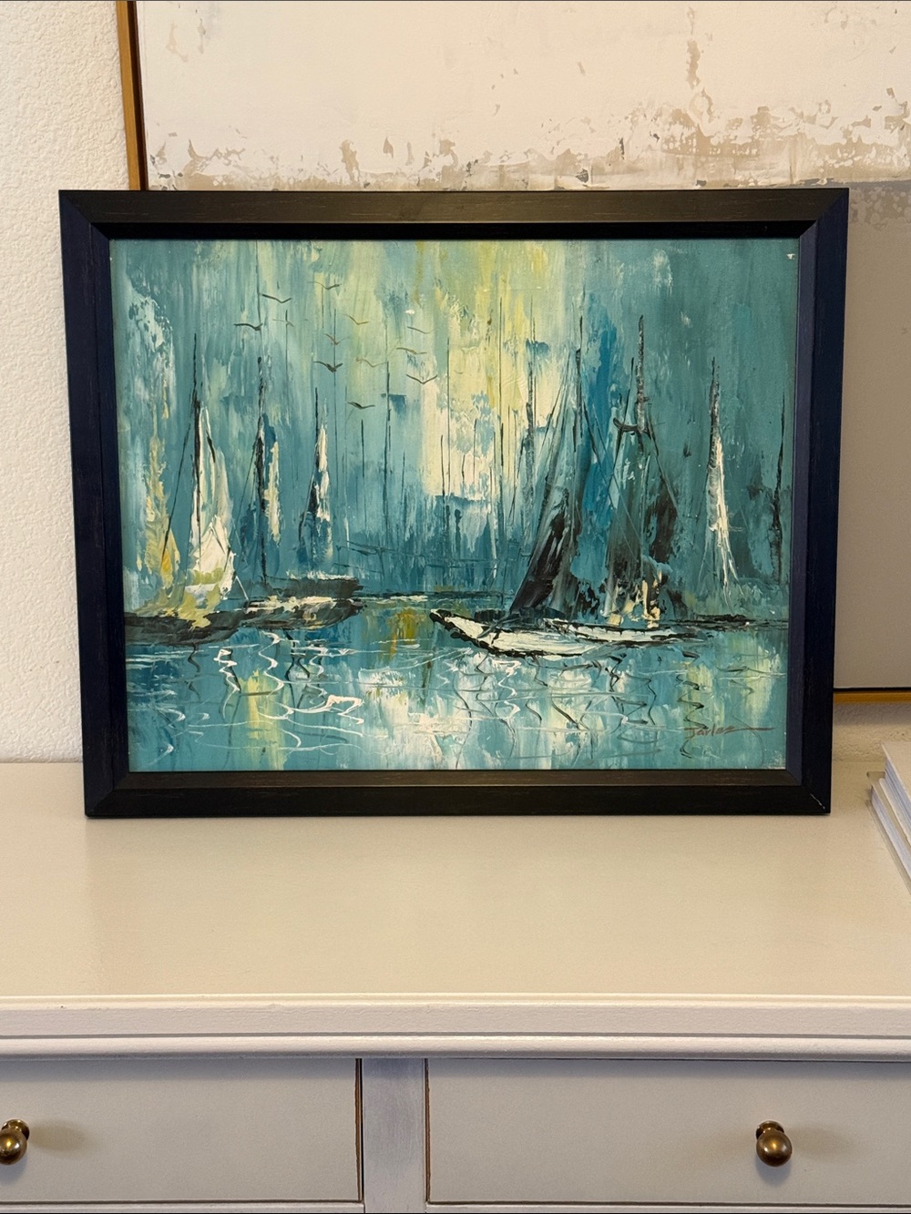Framed Teal Mid Century Original Sailing Boat Canvas Art - Signed